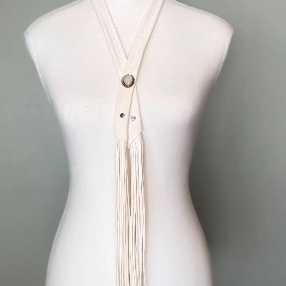 White Leather Fringe Bolo with Moonstone Embedded - Picture 2 of 9